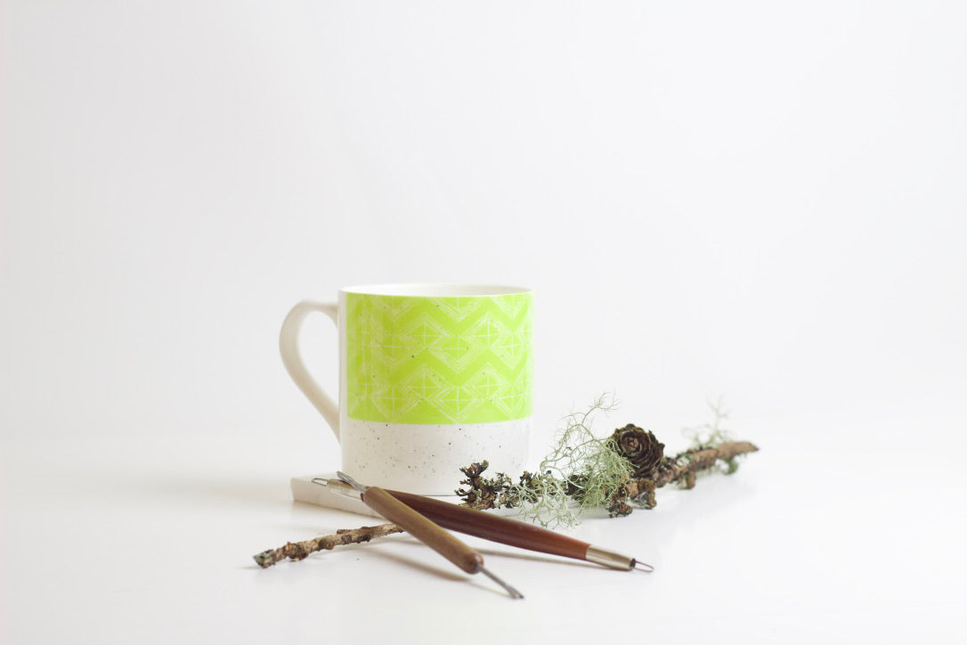 Sgraffito Lime Leaf Bone China Mug