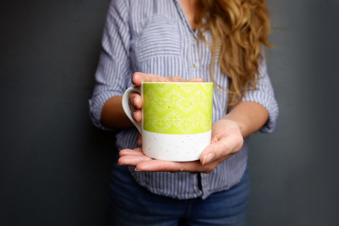 Sgraffito Lime Leaf Bone China Mug