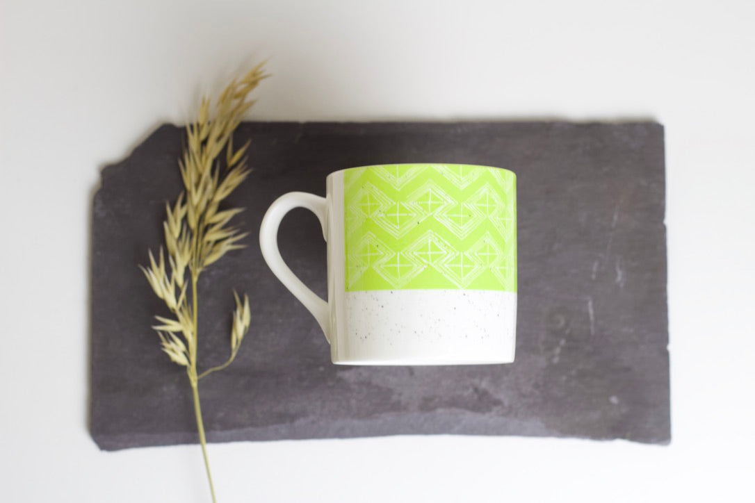 Sgraffito Lime Leaf Bone China Mug