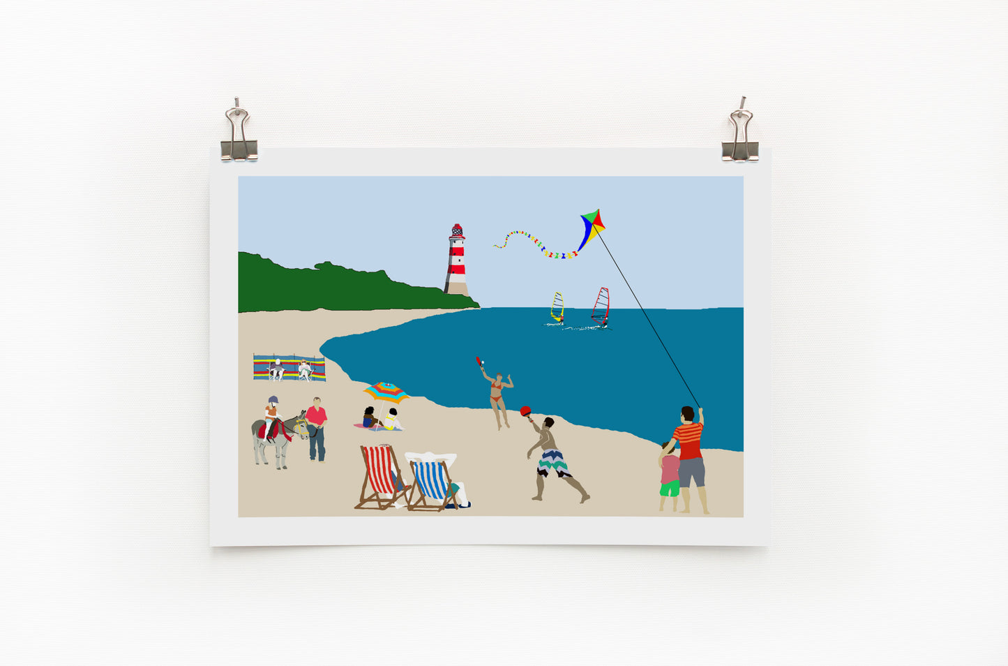 A digital print featuring a colorful beach scene with people engaging in various activities such as sunbathing, playing beach games, and fishing.