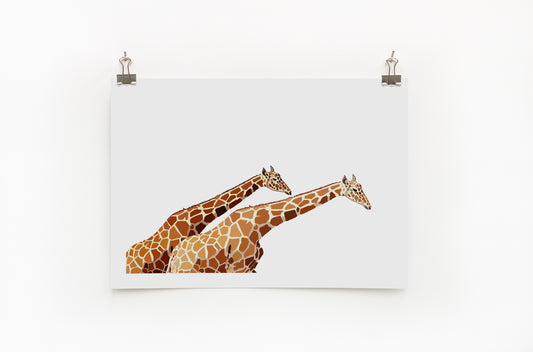 A digital print of two giraffes reaching their long necks across the paper, displayed on a white wall.
