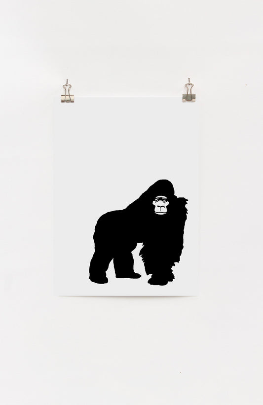 A digital print of a grumpy gorilla standing upright on a white background.