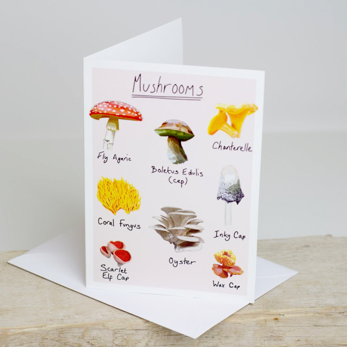 Greetings card with a drawing of various mushrooms and their names, such as Fly Agaric, Chanterelle, and Inky Cap.
