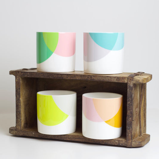 A set of bone china mugs with various color combinations displayed in a wooden crate.