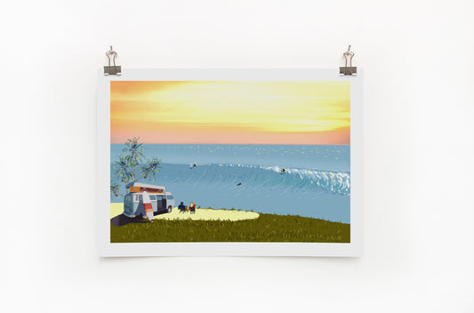 A digital print featuring a vibrant beach scene with a VW camper, ocean, and sunset.