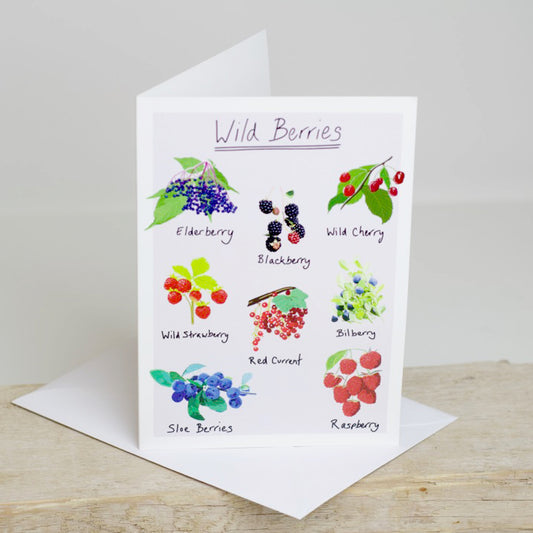 A greetings card with illustrations of various wild berries, including blueberries, blackberries, and raspberries, with the title 'Wild Berries' at the top. Accompanied by a white envelope, placed on a wooden surface.