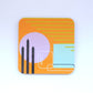 A square coaster with an abstract painting design featuring orange, yellow, and purple hues, along with geometric lines and shapes.