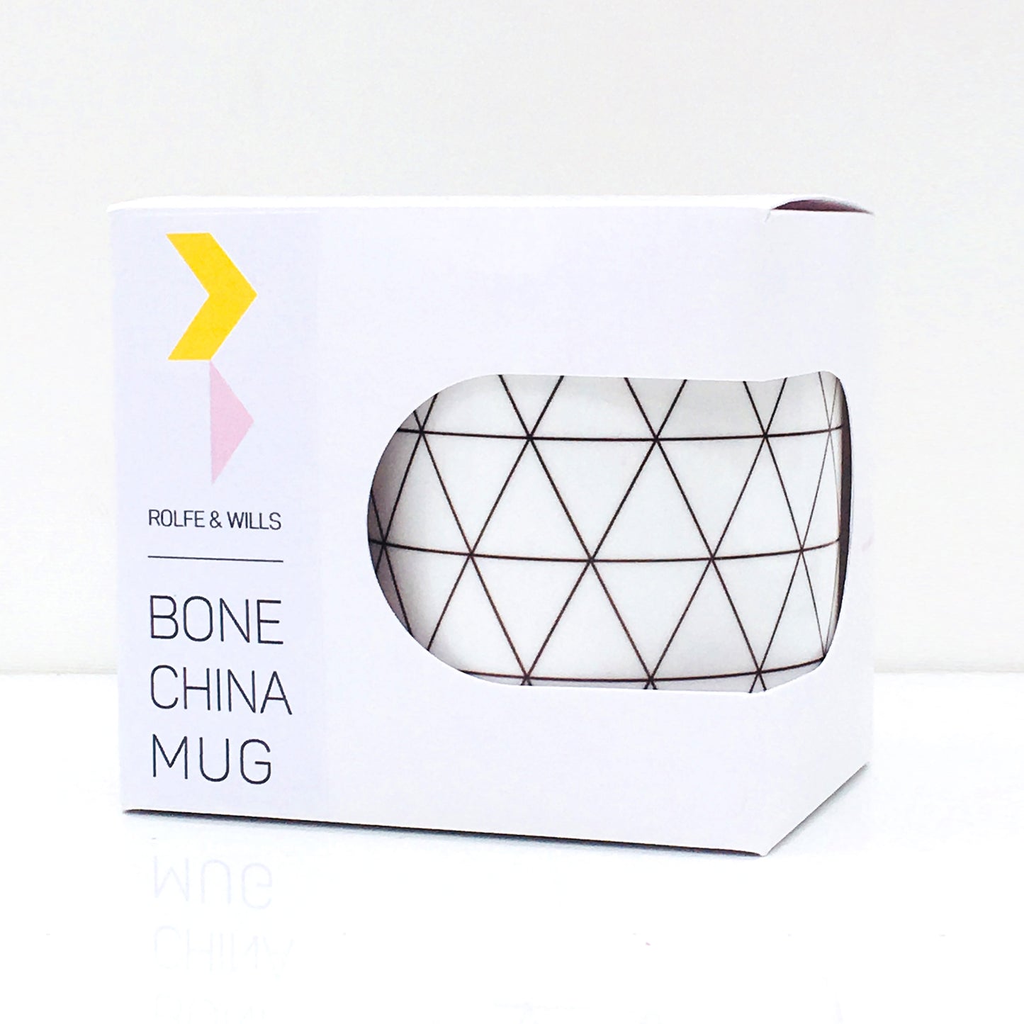 A white display or gift box labeled 'BONE CHINA MUG' with a geometric pattern design visible through a window on the box.