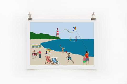 A digital print featuring a colorful beach scene with people engaging in various activities such as sunbathing, playing beach games, and fishing.