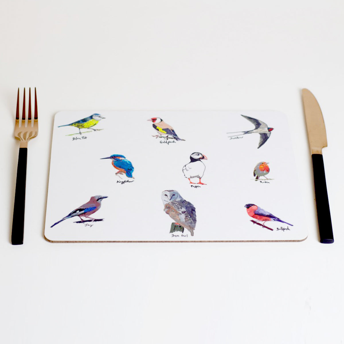 A placemat featuring various British birds illustrated around a dining table with a fork on the left side and a knife on the right side.