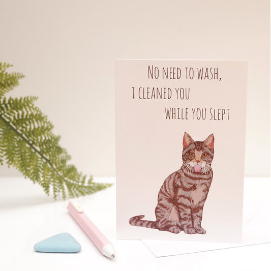 A greetings card with an illustration of a cat on the front, with the text 'No need to wash, i cleaned you while you slept.' The card is presented with a pencil to the side on a white desk background.