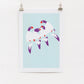 A digital print featuring a minimalist design of four colorful birds resting on a tree branch, signed by Rolfe And Wills.