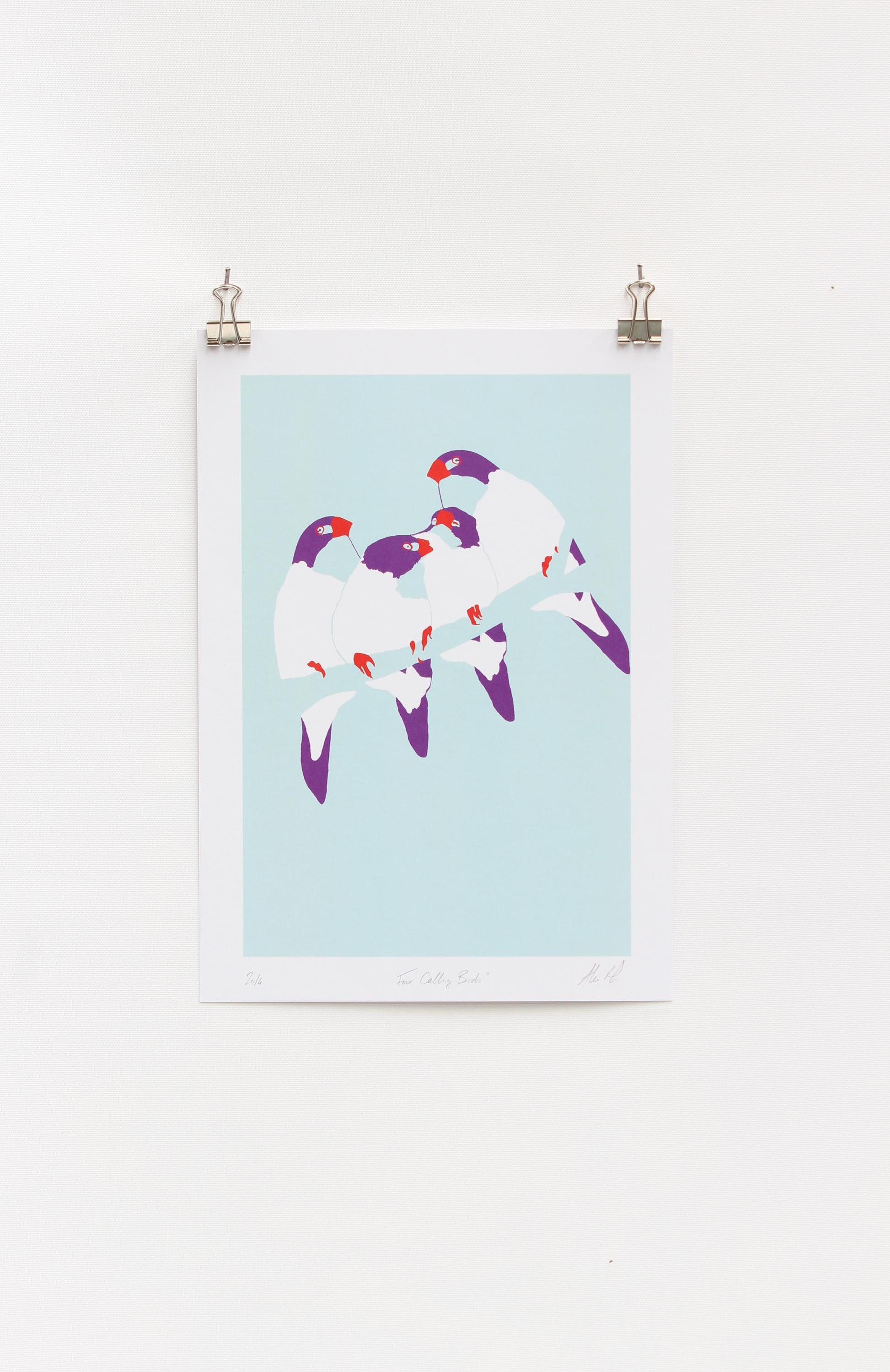 A digital print featuring a minimalist design of four colorful birds resting on a tree branch, signed by Rolfe And Wills.