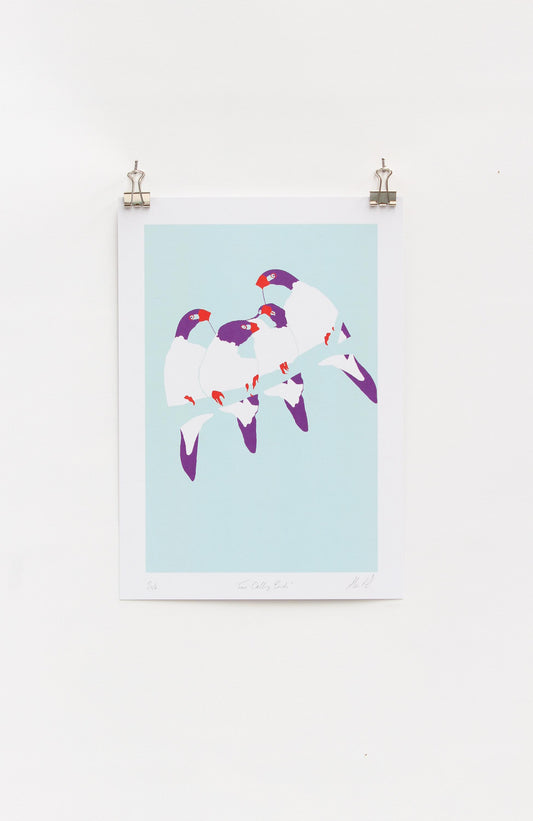 A digital print featuring a minimalist design of four colorful birds resting on a tree branch, signed by Rolfe And Wills.