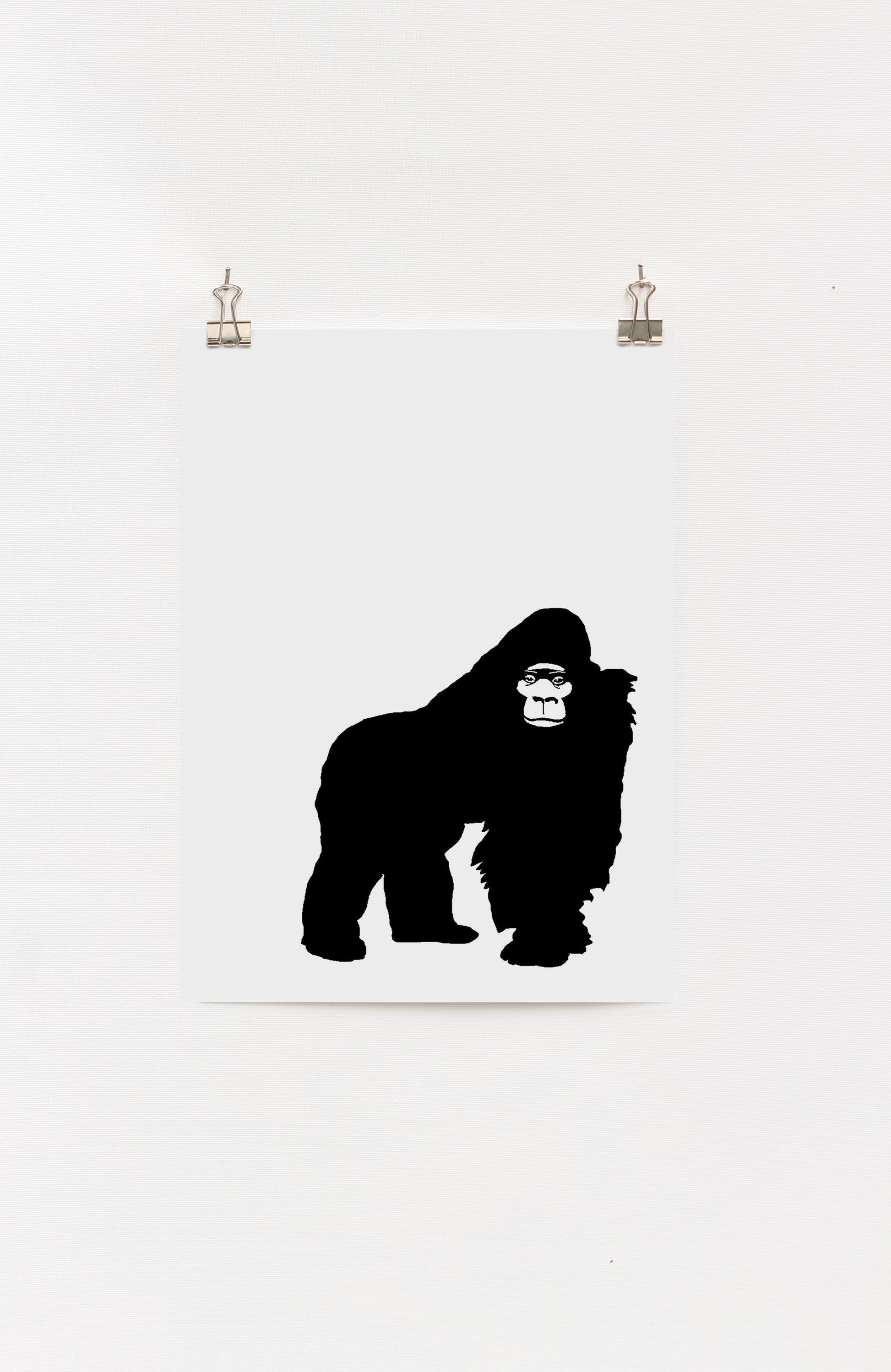 A digital print of a grumpy gorilla standing upright on a white background. 