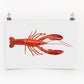 A digital print of a red lobster on a white background, framed and hanging on a wall.