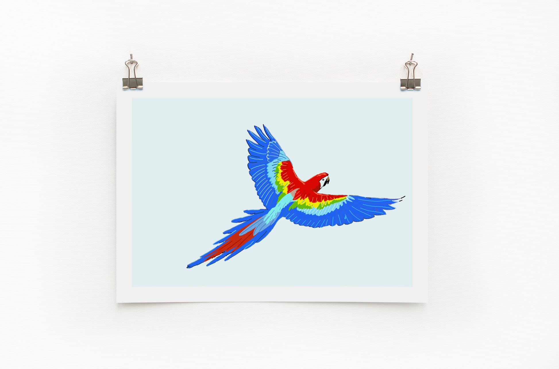 A colorful digital print of a parrot signed by an artist, displayed on a wall mount against a white background.