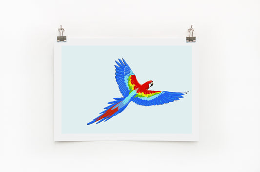 A colorful digital print of a parrot signed by an artist, displayed on a wall mount against a white background.