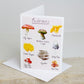 Greetings card with a drawing of various mushrooms and their names, such as Fly Agaric, Chanterelle, and Inky Cap.