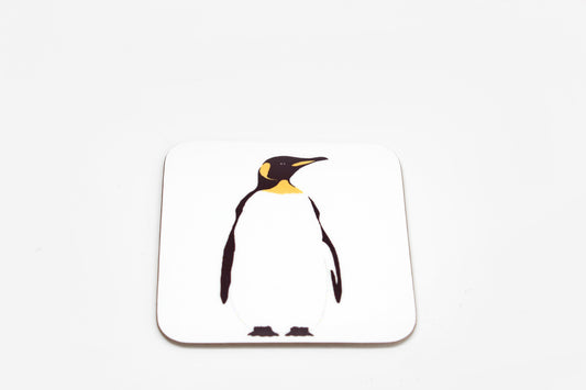 A square white coaster with a central penguin design.