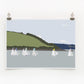 A digital print of several boats with colorful topsails on the water, hills in the background, part of the 'Weekend Explorer' collection.