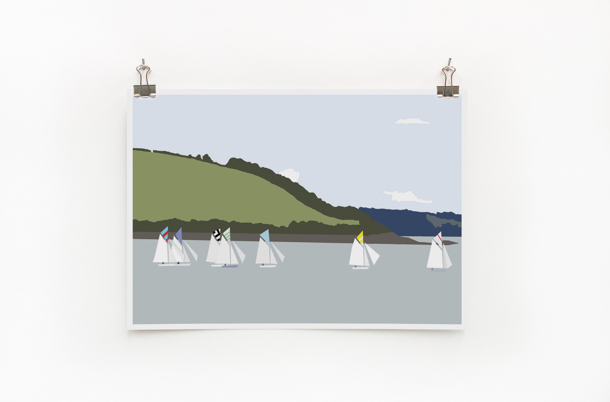 A digital print of several boats with colorful topsails on the water, hills in the background, part of the 'Weekend Explorer' collection.