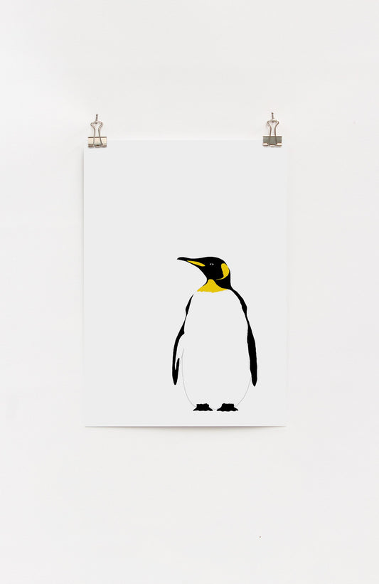 A framed digital print of an elegant penguin looking into the distance, predominantly in white, yellow, and black colors.