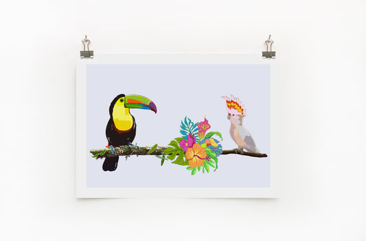 A digital print featuring a colorful illustration of a toucan and a cockatoo with surrounding tropical flowers, displayed on a wall.