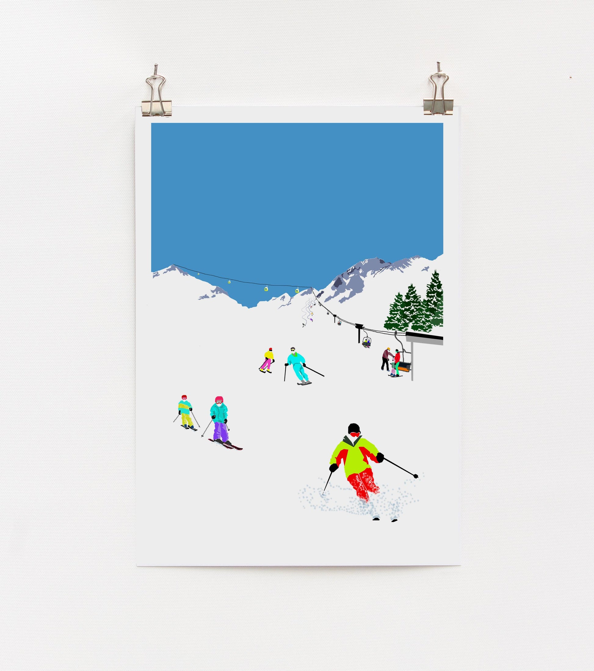 A digital print of a ski scene with skiers on a mountain, part of the Weekend Explorer collection.