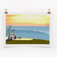 A digital print featuring a vibrant beach scene with a VW camper, ocean, and sunset.