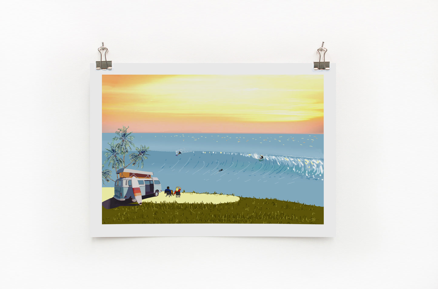 A digital print featuring a vibrant beach scene with a VW camper, ocean, and sunset.