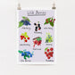 A digital print of various wild berries with labels, displayed on a wall.