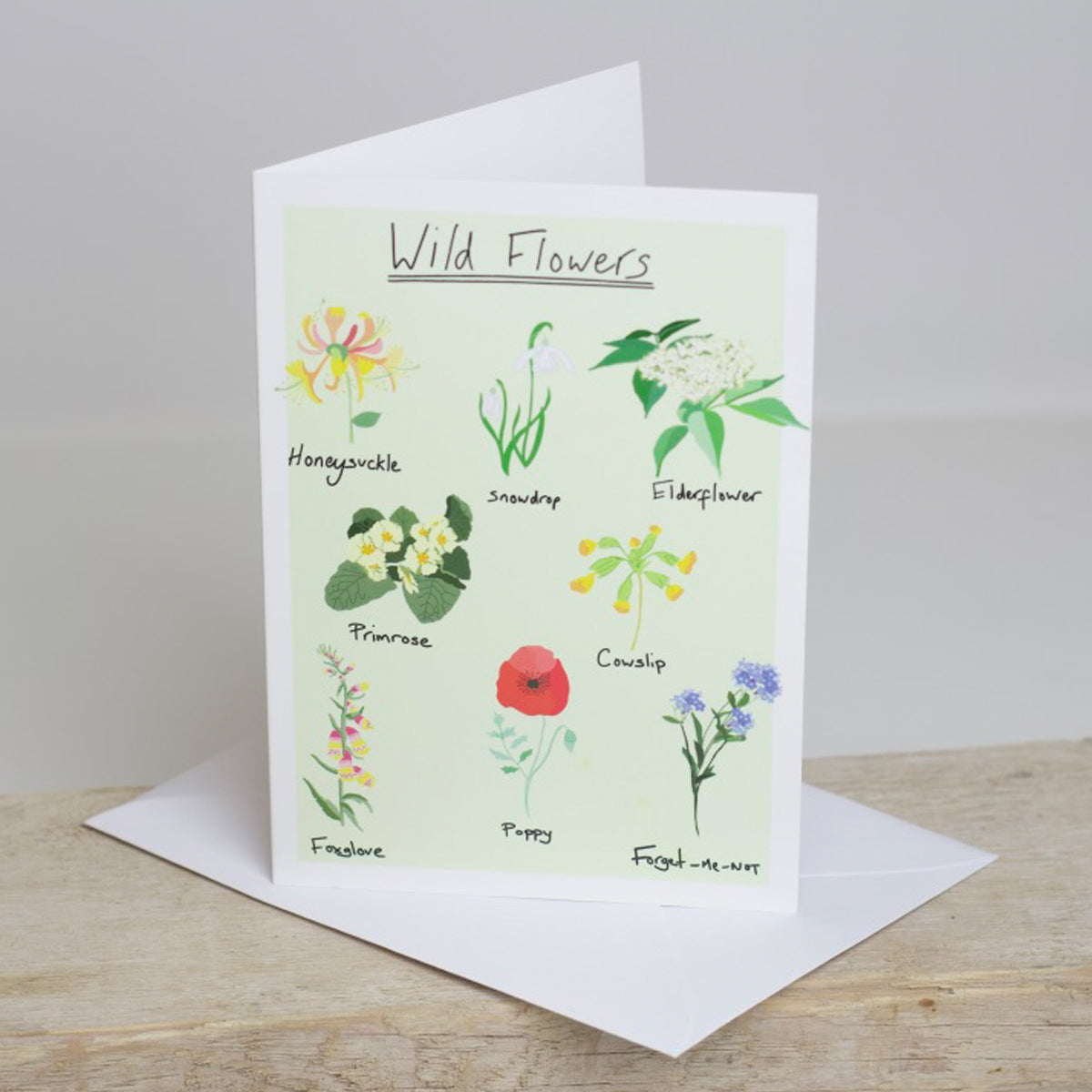 A greetings card with illustrations of various wild flowers, titled 'Wild Flowers'. There is a white envelope included.